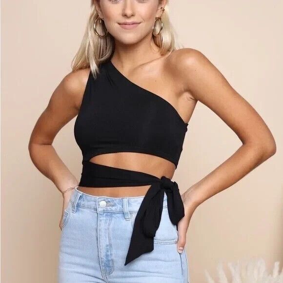 One Shoulder Side Tie Waist Crop Top WHITE SOLID ELASTIC SIZE XL - Picture 10 of 11